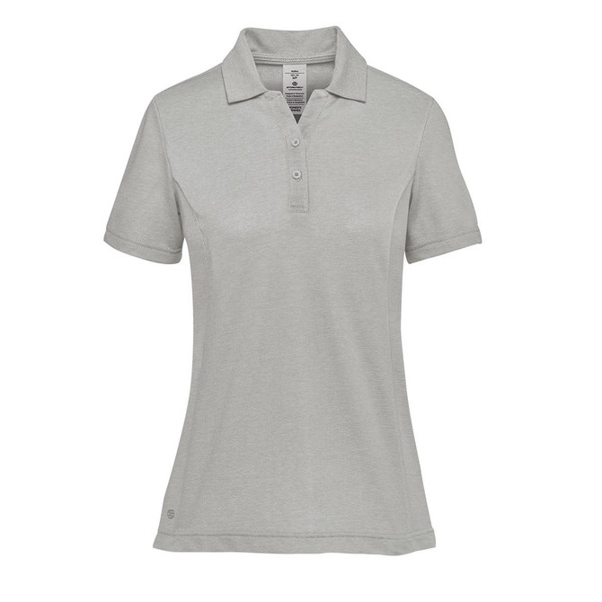 A women's polo shirt in light grey with a collar, short sleeves, and a logo on the side.