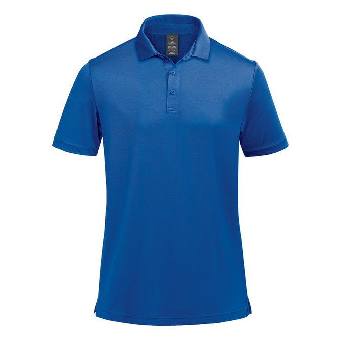 A blue men's polo shirt with a classic collar and buttons, featuring a logo.