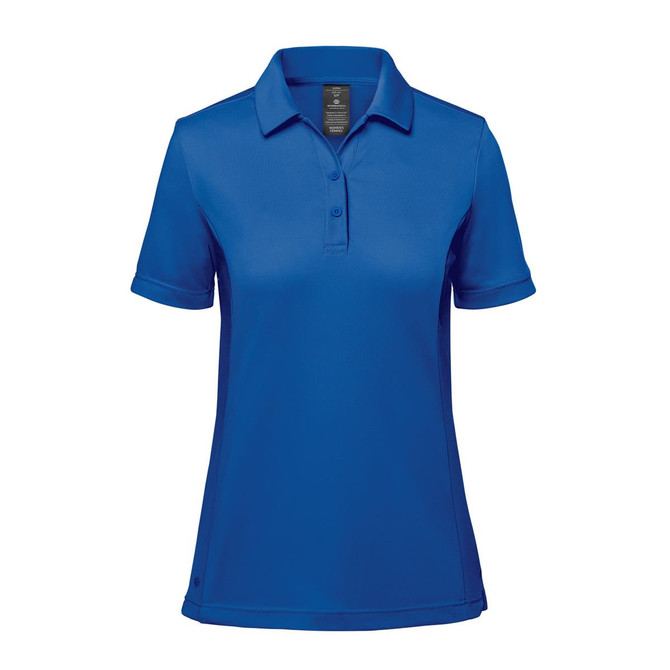 A blue women's polo shirt with a collared neckline and short sleeves, featuring a logo.