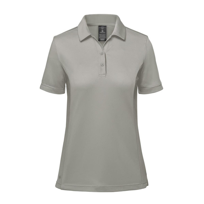 A women's polo shirt in a light grey colour. It features a collar, short sleeves, and has a branding logo.