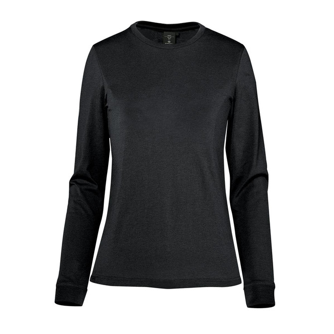 A black long-sleeve women's t-shirt with a fitted design and a logo.