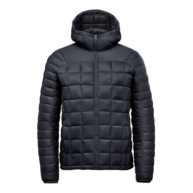 A puffer jacket in black, featuring a hood and a quilted design, with a zip closure and branding.