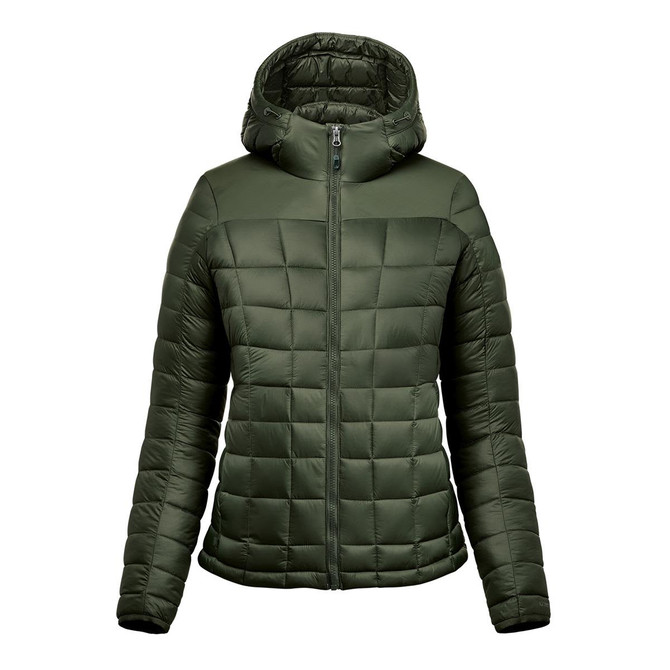 A women's puffer jacket in olive green with a zip front and a hood, featuring a quilted design. It has a logo on the side.