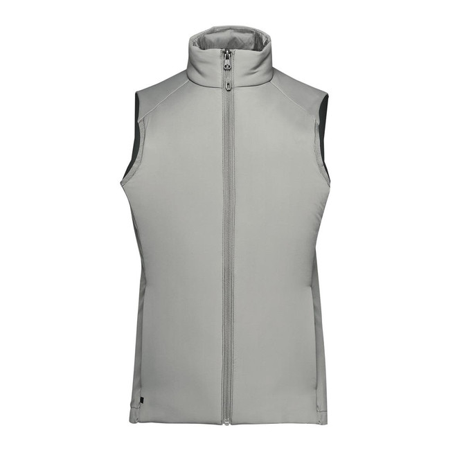 A light grey women's thermal vest with a high collar and front zip, featuring a branding logo.