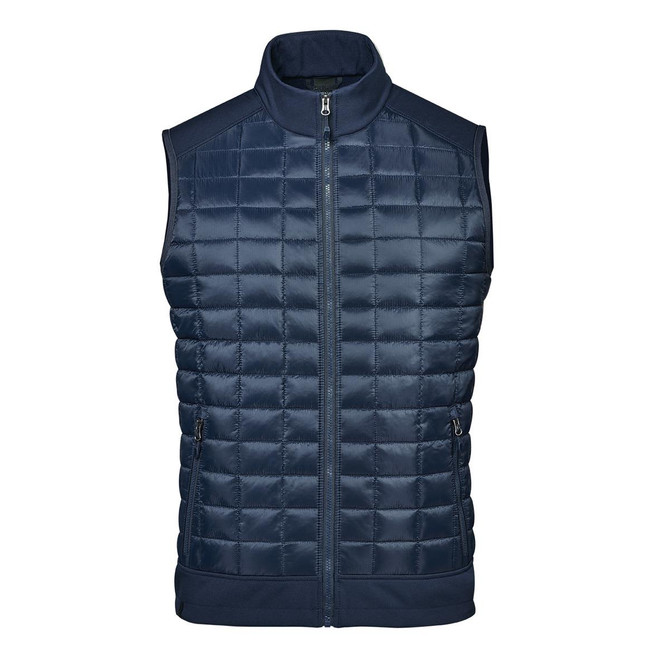 A navy blue men's thermal softshell vest featuring a quilted design and a zip closure. It has branding on the garment.