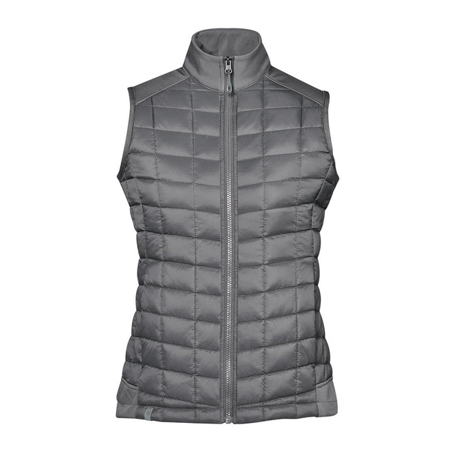 A grey women's thermal softshell vest with a zip front and a high collar, featuring quilted design and no sleeves.