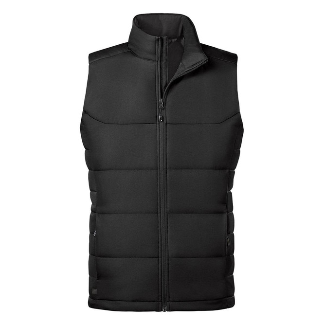 A black thermal vest featuring a zip closure and a puffer design. It has a branding logo.