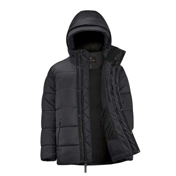 A black puffer jacket with a hood and zippered front, featuring a quilted design and a logo.