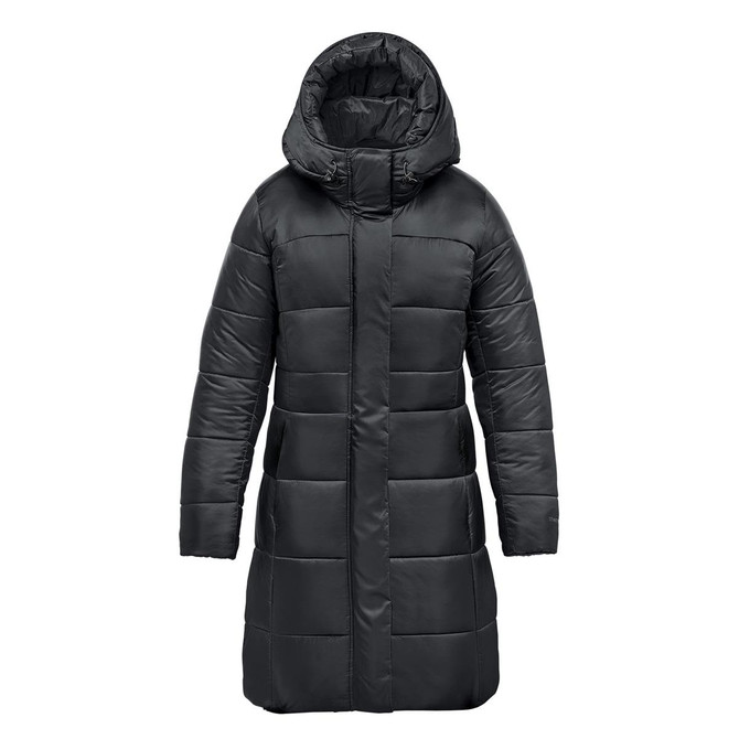 A black women's puffer parka jacket with a hood and a quilted design. It features a logo on the sleeve.