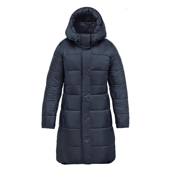 A women's puffer jacket in navy blue, featuring a hood and a quilted design. The jacket includes a branding logo.