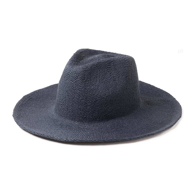 A navy blue straw hat with a wide brim and a slightly tapered crown, featuring a logo on the side.