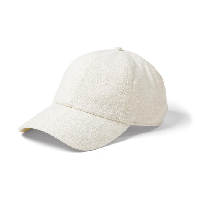 A white linen cap featuring a rounded crown and a curved brim, complete with a logo.