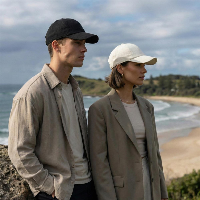 A black cap and a white cap worn by a man and a woman against a coastal backdrop. The caps have logos.