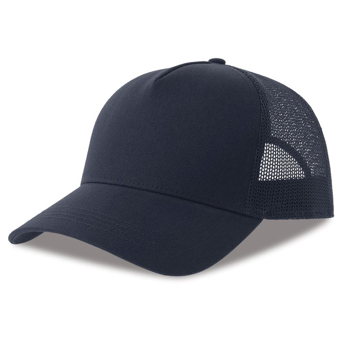 A navy trucker cap featuring a mesh back and a curved brim, with a logo on the front.