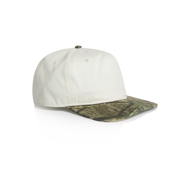 A two-tone camo cap featuring a white crown and a camouflaged peak. Includes a logo on the front.