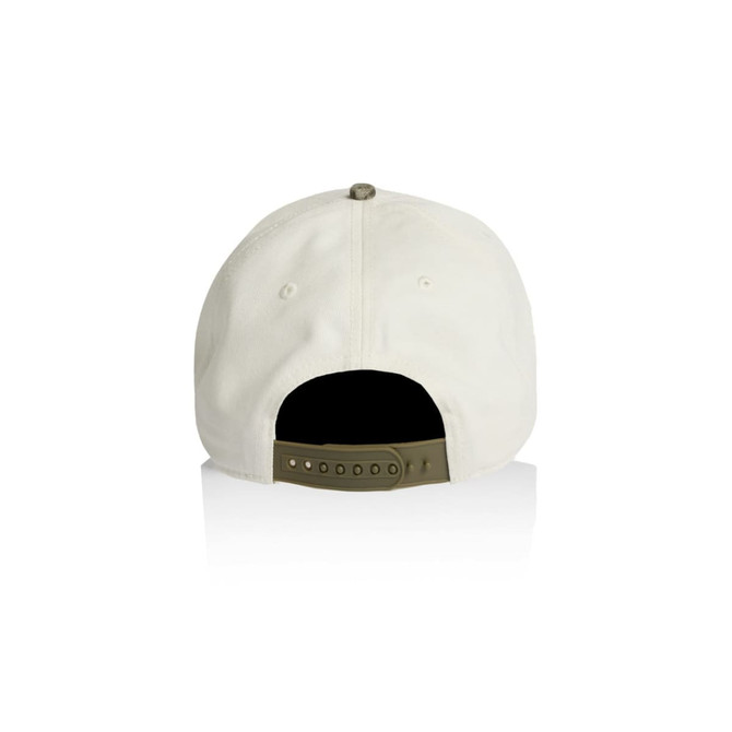A two-tone camo cap in cream and olive green with an adjustable back strap and a logo patch.