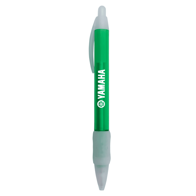 A green plastic pen with a white grip and a logo. It features a clear barrel.