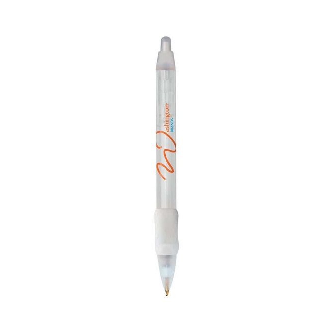 A clear plastic pen with white grip and accents, featuring a logo. The pen has a retractable tip and a fine point.