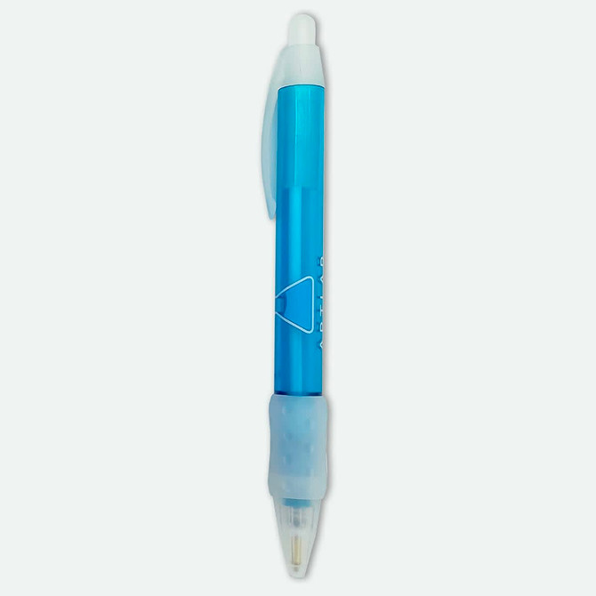 A blue plastic pen with a translucent barrel and a white grip, featuring a logo.