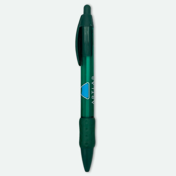 A green plastic pen with a clear barrel and a grip section, featuring a logo.