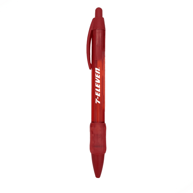 A red plastic pen with a clip and grip section, featuring a logo.