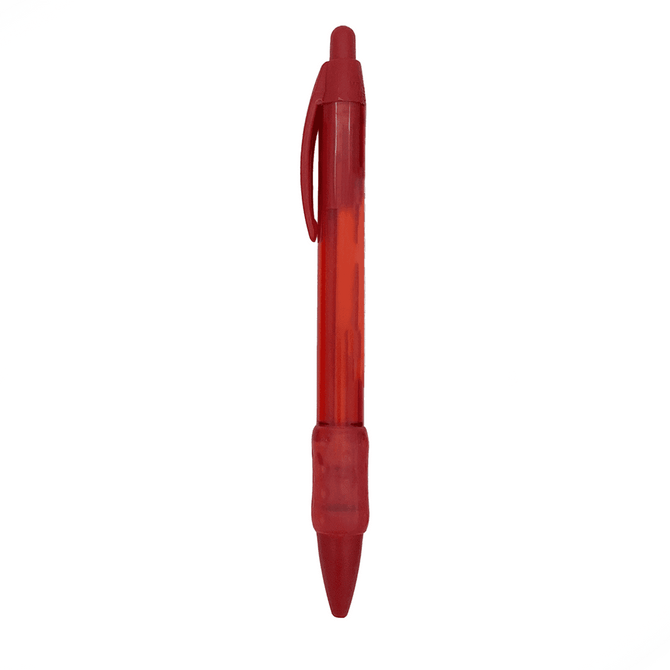A red plastic pen with a clear barrel and a grip section, featuring a clip and a branding logo.