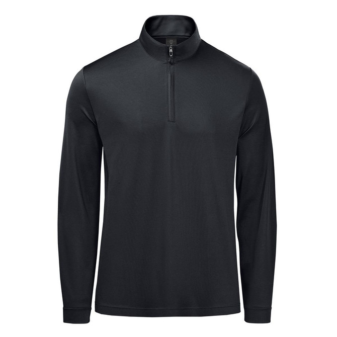 A black men's pullover with a 1/4 zip and long sleeves, featuring a branding logo.