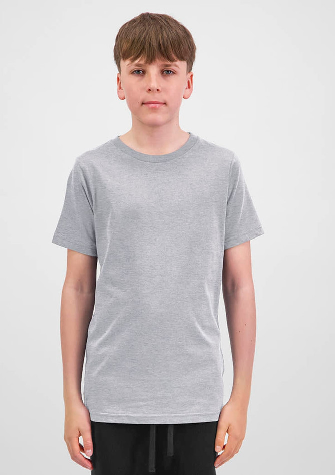 A youth short sleeve tee in grey, displayed on a young model standing straight, with a plain background.