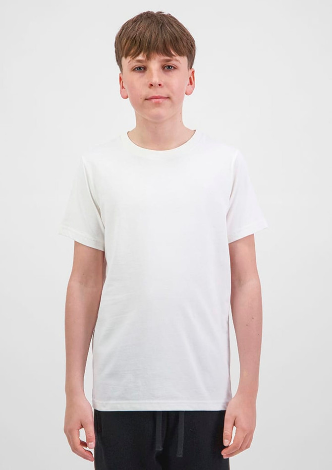 A white short sleeve tee for youth, featuring a simple design and a plain appearance.