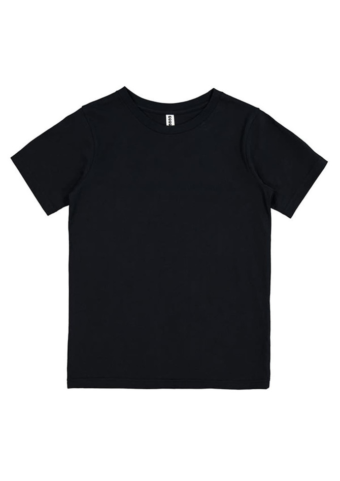 A black short sleeve tee with a standard crew neckline, featuring a logo on the label.