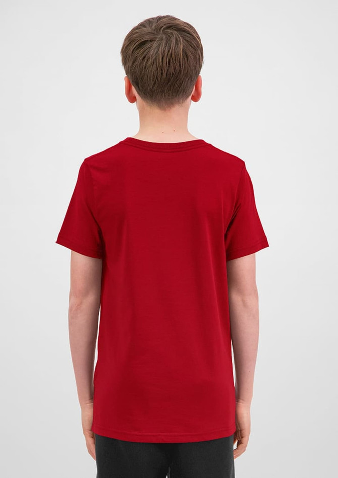 A red short sleeve tee for youth, featuring a simple design and a logo at the back.