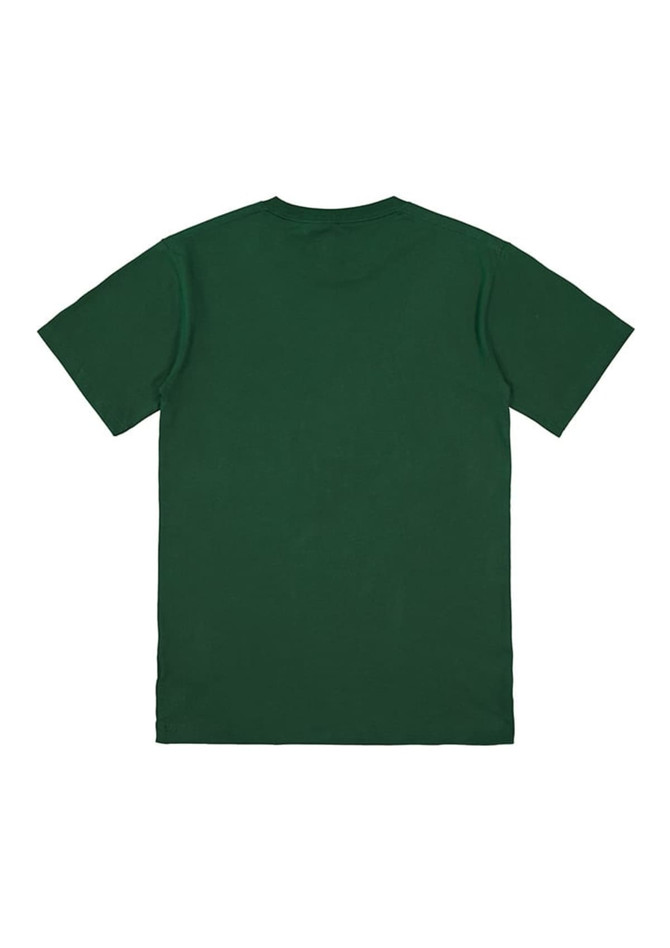 A green short sleeve tee with a plain back and a logo on the upper back.