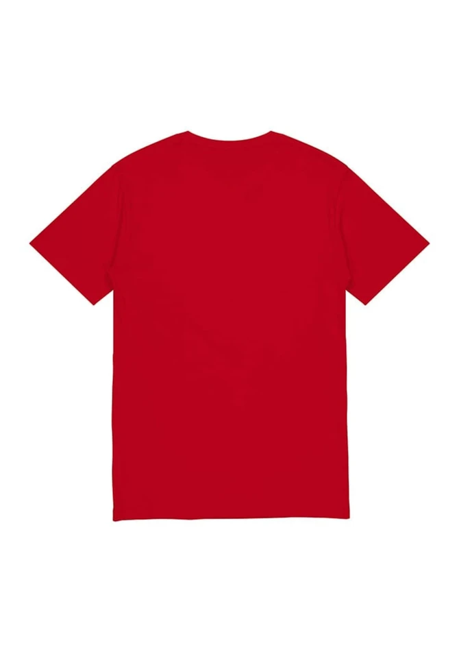 A red short sleeve tee with a plain back, featuring a logo on the neck area.