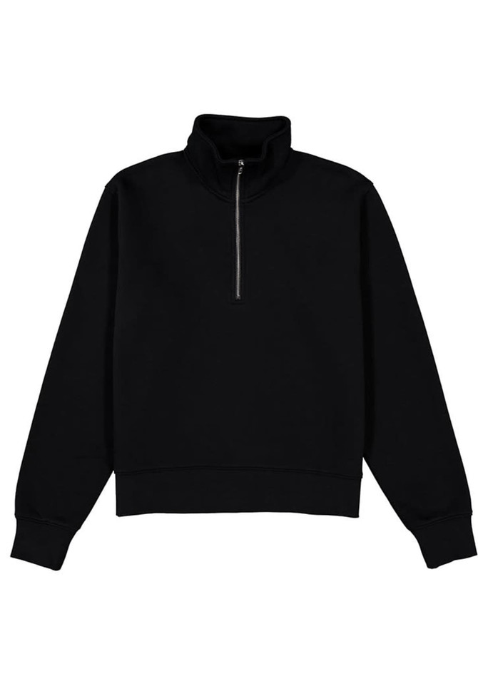 A black women's jumper featuring a 1/4 zip and long sleeves, with a ribbed hem and cuffs. It has a logo.