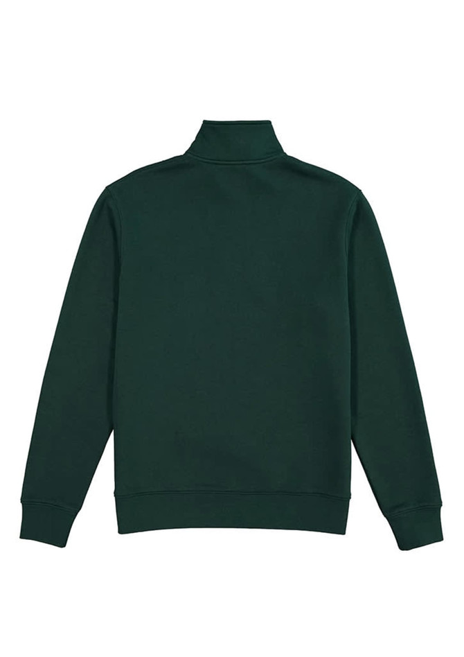 A green men's 1/4 zip jumper with a high collar and long sleeves, featuring a logo on the back.