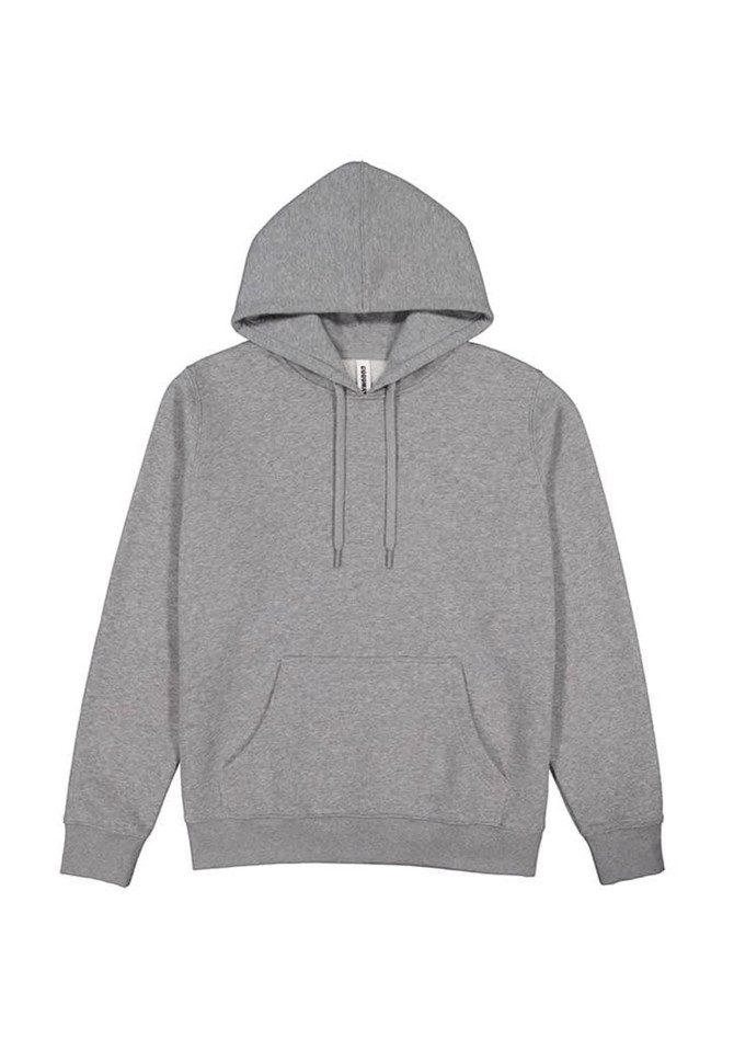 A grey women's hoodie featuring a kangaroo pocket and a drawstring hood, with branding present.