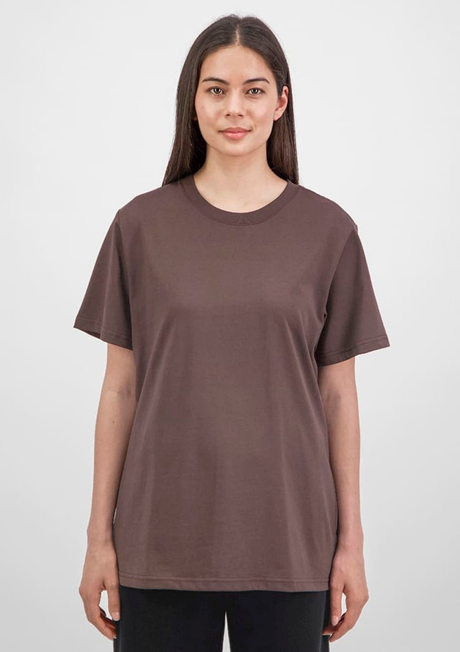 A brown short sleeve women's tee displayed on a model, featuring a simple design and relaxed fit.