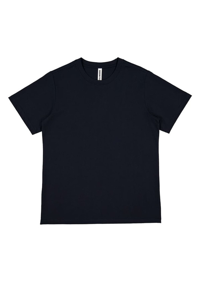 A navy women's short sleeve tee featuring a crew neckline and a logo on the label.