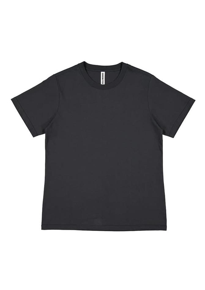 A black women's short sleeve tee with a simple design and a tag inside. It features a basic round neckline.