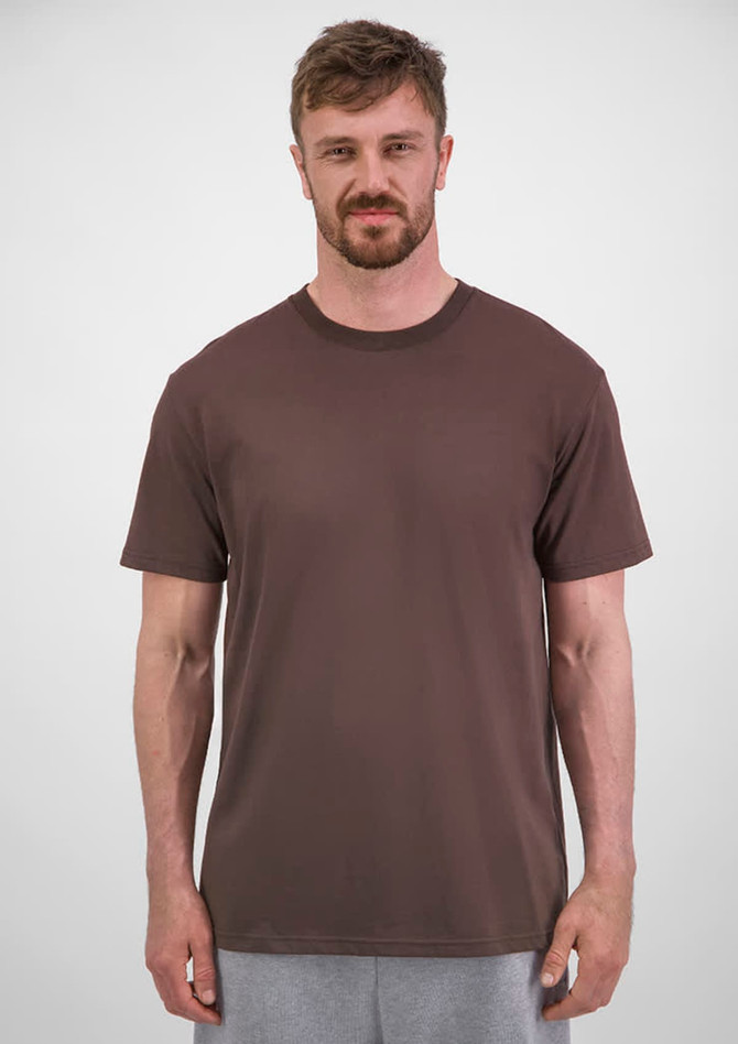 A brown men's short sleeve tee displayed on a model, featuring a simple design and a round neckline.