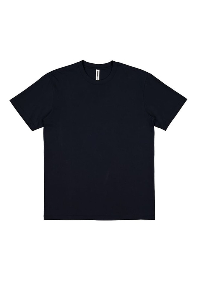 A navy blue men's short sleeve tee with a crew neck and a simple design. It features a branded label.