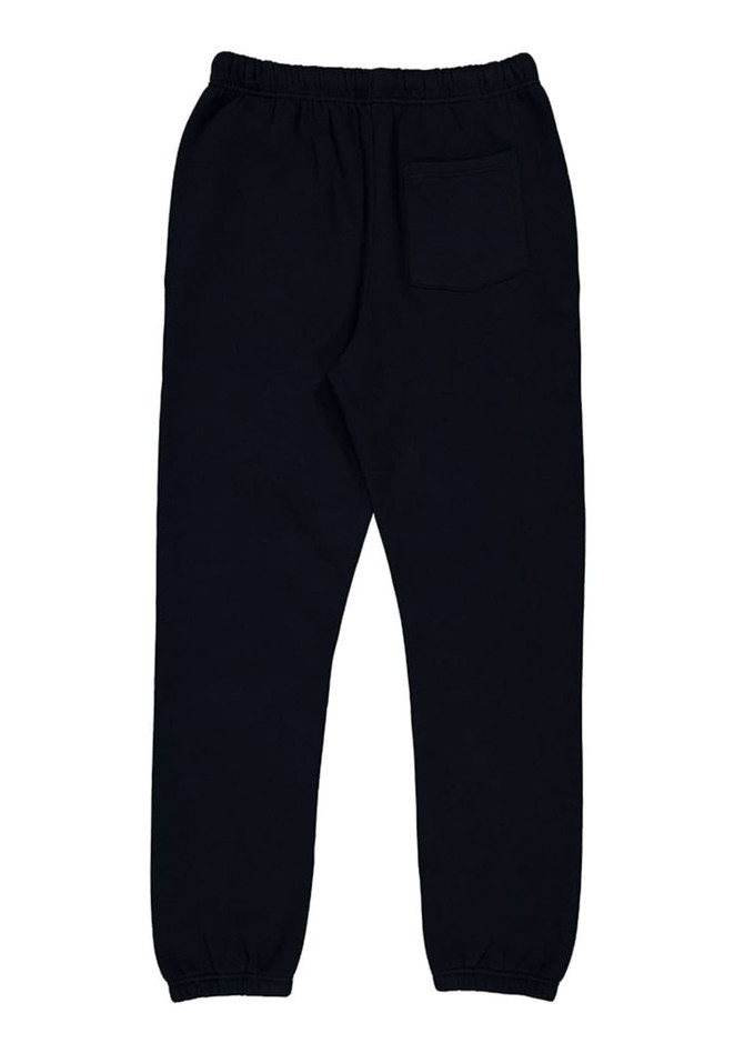 Men's track pants in black with an elastic waistband and a back pocket. Features a simple design and tapered fit.