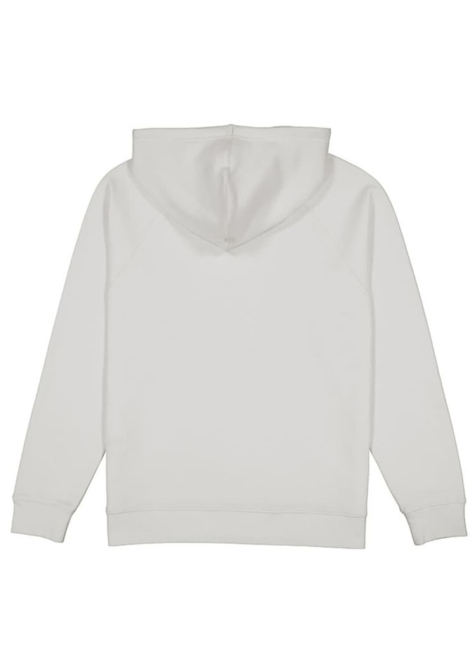 A white women's hoodie with a back view, featuring a hood and long sleeves. It has a branding logo.