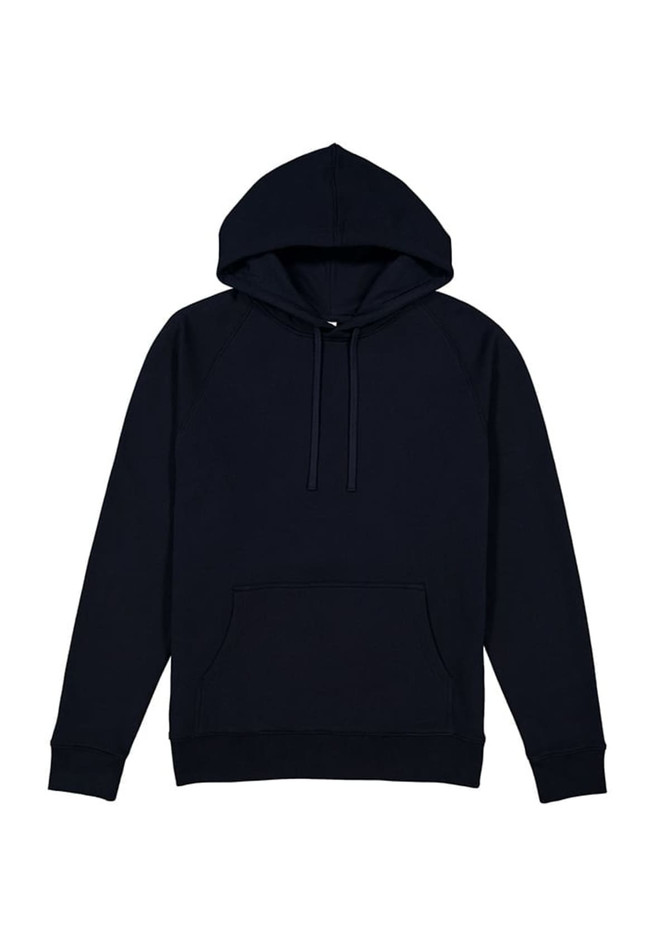 A navy blue hoodie featuring a front pocket and a hood, with an added branding logo.