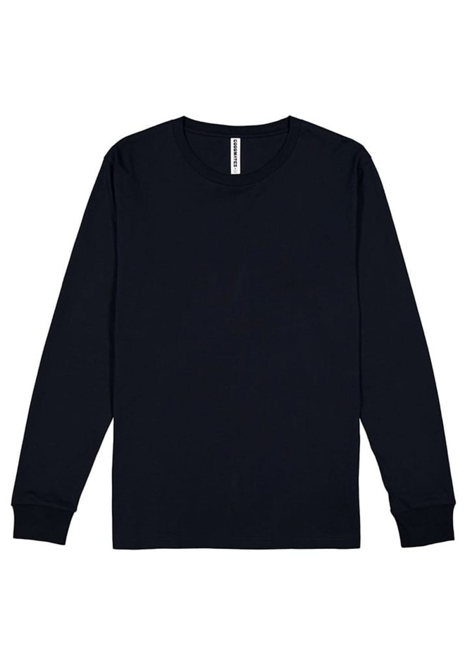 A long sleeve tee in navy blue with a round neckline and cuffs, featuring a logo at the neck.