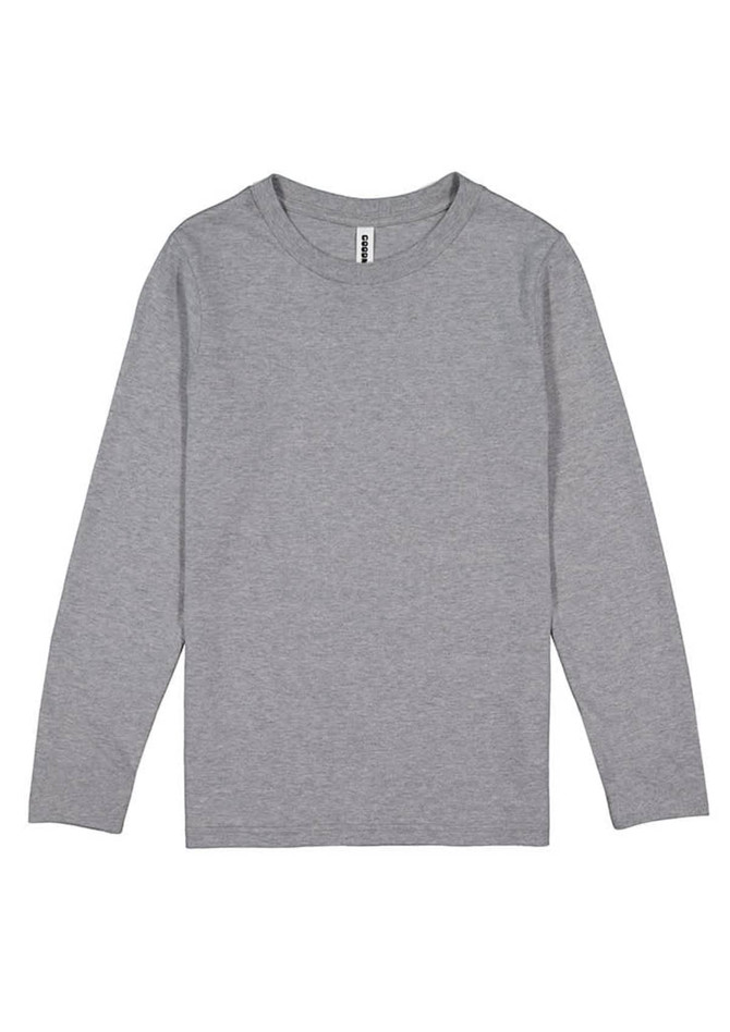 A long-sleeve tee in grey, featuring a simple design and a logo on the label.