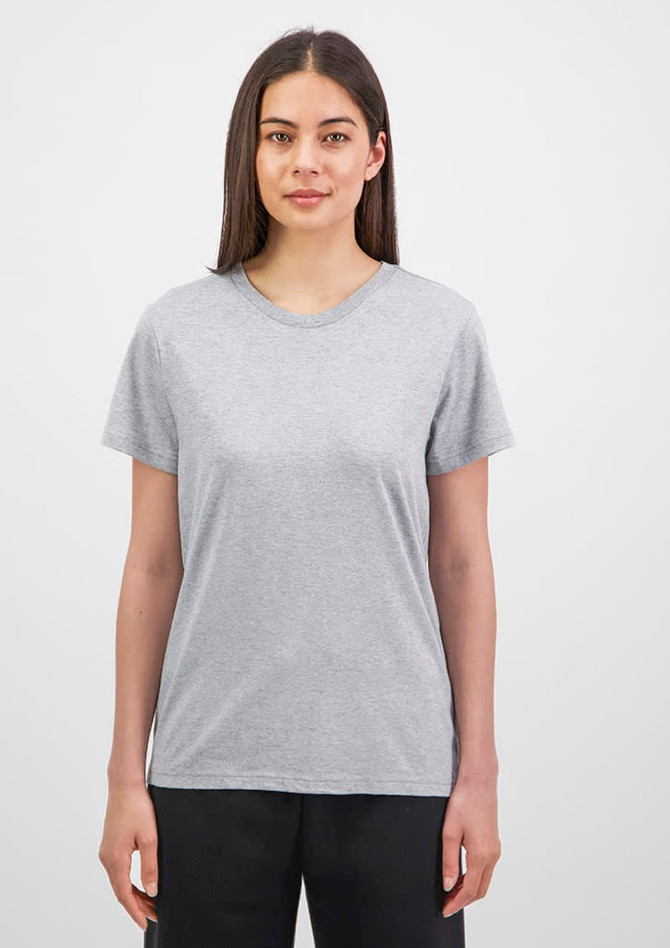 A short sleeve tee in grey, featuring a simple design and a standard fit. It has a logo on it.