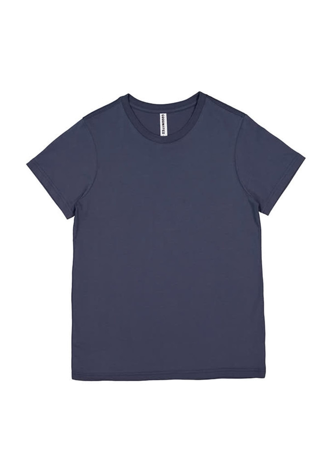 A navy women's short sleeve tee with a round neckline and a label. Features a plain design.