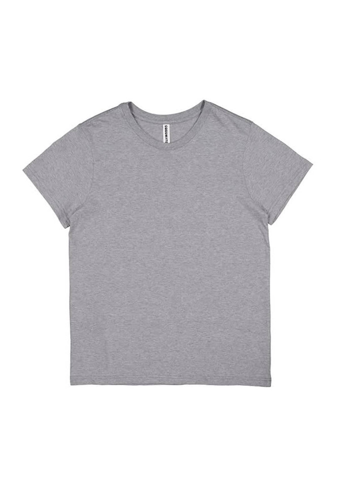 A women's short sleeve tee in grey, featuring a classic round neck and a simple design. Includes a logo.