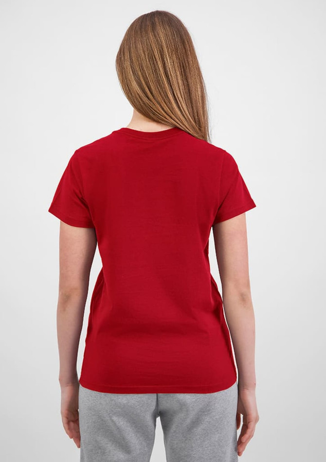 A red women's short sleeve tee is displayed from the back, featuring a simple design and a fitted silhouette.